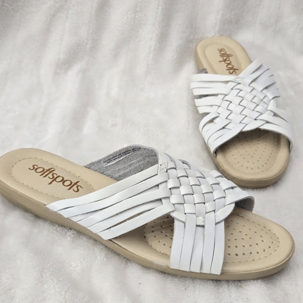 Softspots White Woven Leather Slide Flat Sandal Sz 8N Beach Coastal Summer Shoe